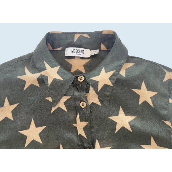 MOSCHINO Jeans Army Green Tan Star Full Button Top Blouse Size Small - Picture 3 of 8